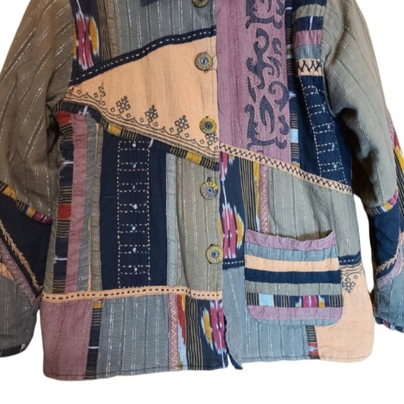 Parsley & Sage brown green long-sleeved Button-down asymmetrical patchwork coat - Picture 5 of 9